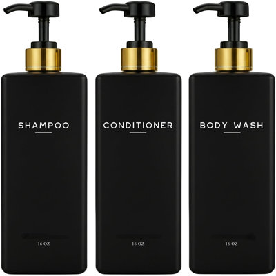 Black Shampoo And Conditioner Dispenser Set  - Body Wash And Shower Soap Dispenser - Refillable Shampoo And Conditioner Bottles For Gold Bathroom Decor, Guest Bathroom, Airbnb (Black)
