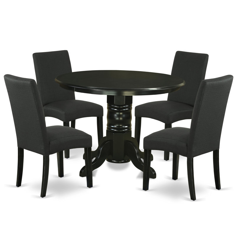 Ensemble de 5 pièces pour coin-repas pour 4 personnes comprenant une table de cuisine ronde avec piédestal et 4 chaises Parson rembourrées en tissu de couleur noire, noir