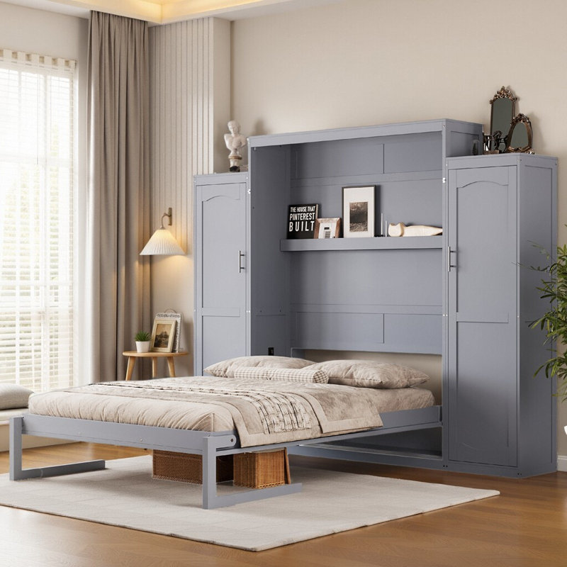 Lit escamotable avec 2 armoires-penderie et tablette de rangement - lit mural en bois, cadre de lit plateforme pliable, peu encombrant pour chambre d'amis et chambre à coucher