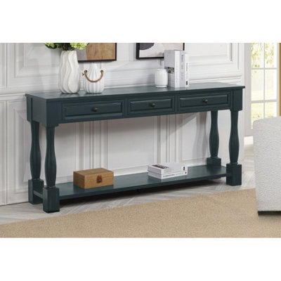 Console de 63 po de long en bois bleu marine avec tiroirs, style méditerranéen pour vestibule, salon, couloir, qualité, assemblage requis 3 transitionnel requis