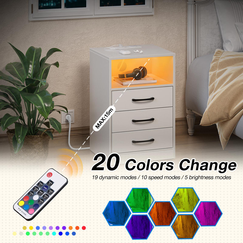 Orren Ellis Nightstand With 3 Drawers Open Storage, Wireless Charging and LED Lights, White