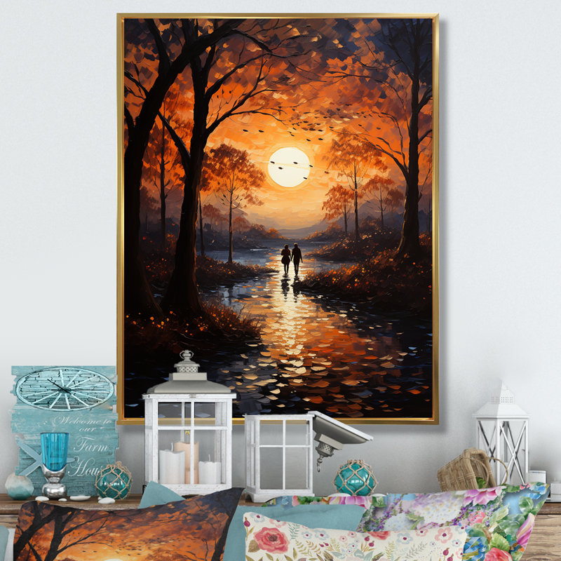 Paysage romantique coucher de soleil Serenade I, H 40 po x l 30 po x P 1,5 po, Cadre flottant doré