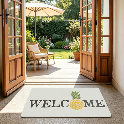 Tropical Pineapple Welcome Floor Mat For Outdoor And Indoor, 24 X 36 In, Yellow Grey