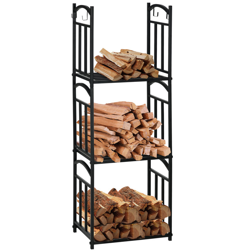 Support à bois de chauffage à 3 niveaux avec support à outils en bois et métal