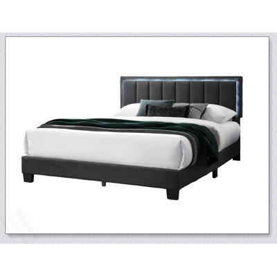 Modern Style 1Pc Bed Charcoal Wool Fabric Channel Tufting W LED Full Upholstered Bedroom Furniture
