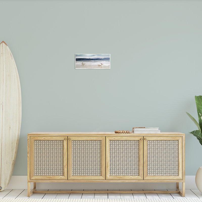 Sandpipers Grazing Sea Shore Blue and Beige Wood Wall Art