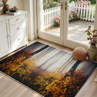 Tapis intérieur jaune lavable à la machine, motif paysage symétrique surréaliste