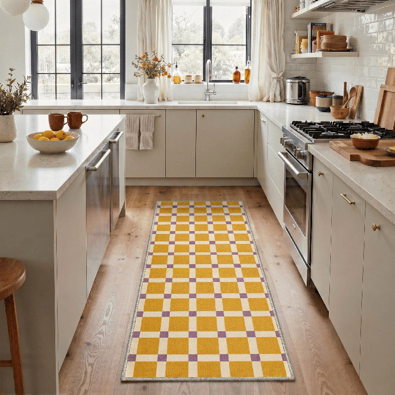 Coady Modern Geometric Machine Washable Mustard/Beige/Purple Indoor Area Rug with Non-Slip Backing, Runner 2' x 6'