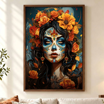 Sugar Skull Woman Floater Framed Canvas Wall Art Brown Floater Frame Print Portrait 30" H x 20" W