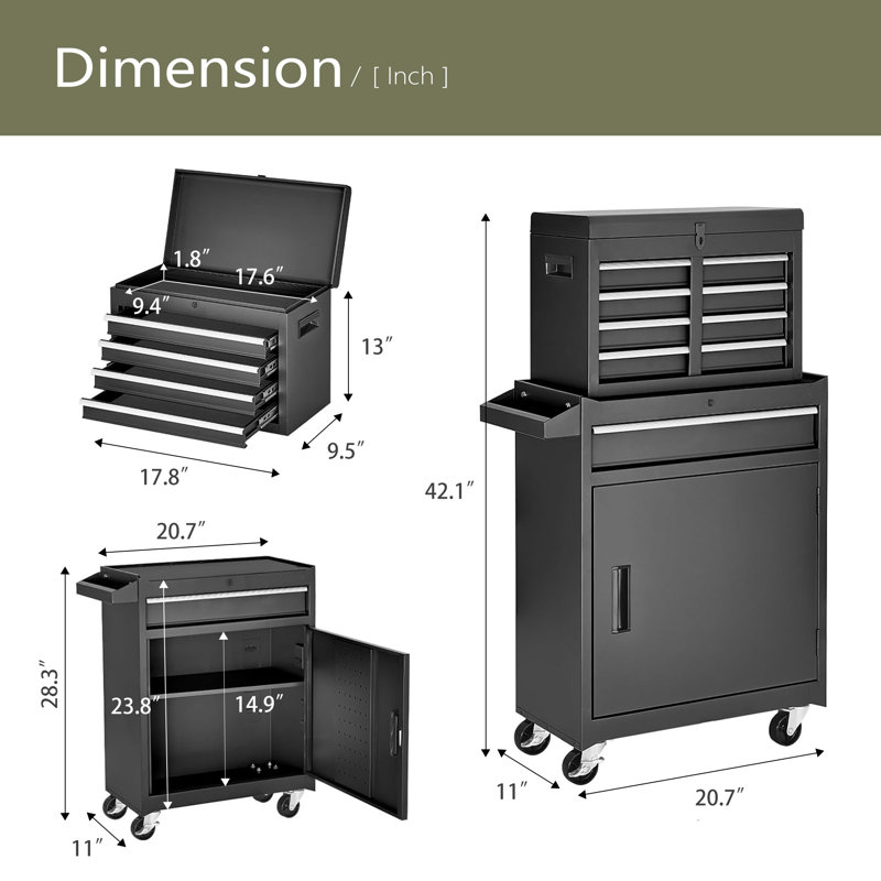 Coffre à outils, armoire de rangement à outils à 5 tiroirs avec coffre à outils amovible, doublure, roues verrouillables universelles, tablette réglable, mécanisme de verrouillage, chariot à outils en métal pour atelier de garage