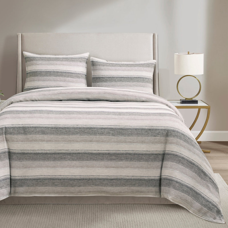 100% Linen French Flax Modern Rustic Farmhouse 3 Piece Duvet Cover Set, King Duvet Cover + 2 King Shams, Natural/Charcoal