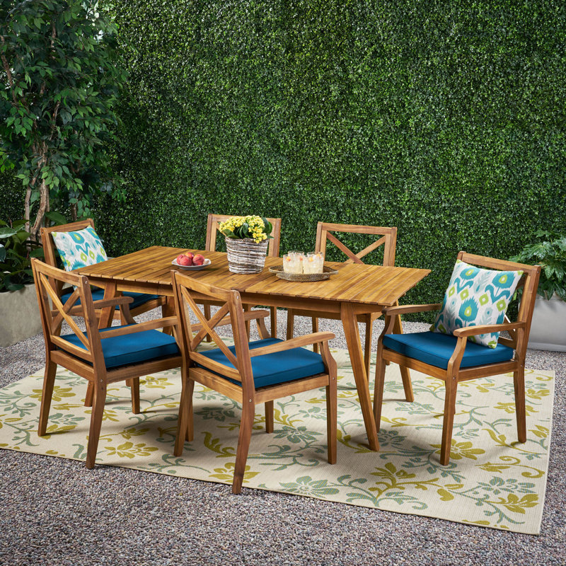 Ensemble repas en teck avec coussins Orchard Hill, Teck, Bleu