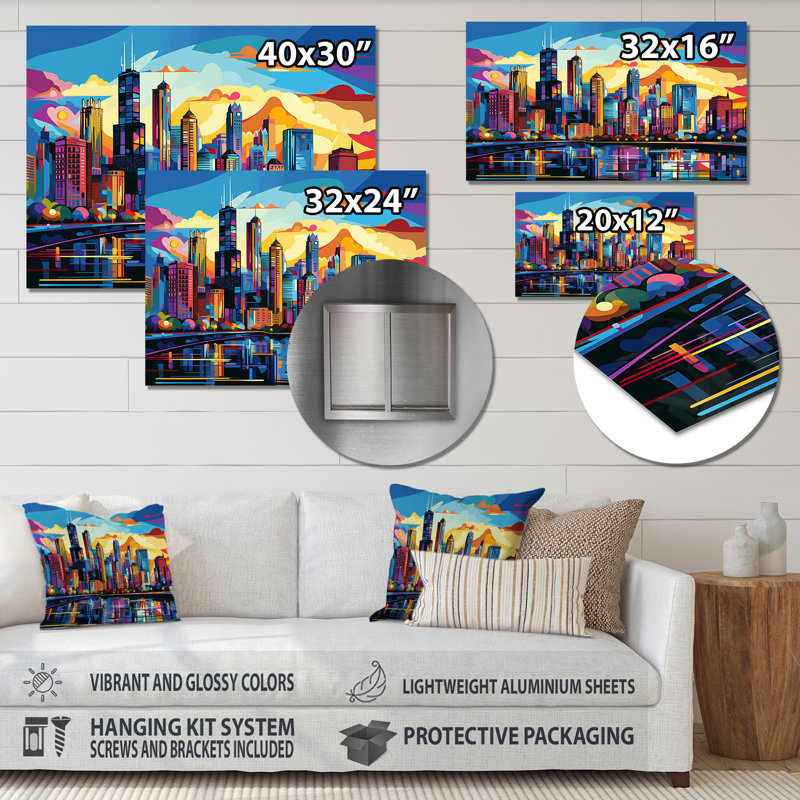 Chicago Popart II - Chicago, reproduction d'art sur métal, H 16 po x l 32 po