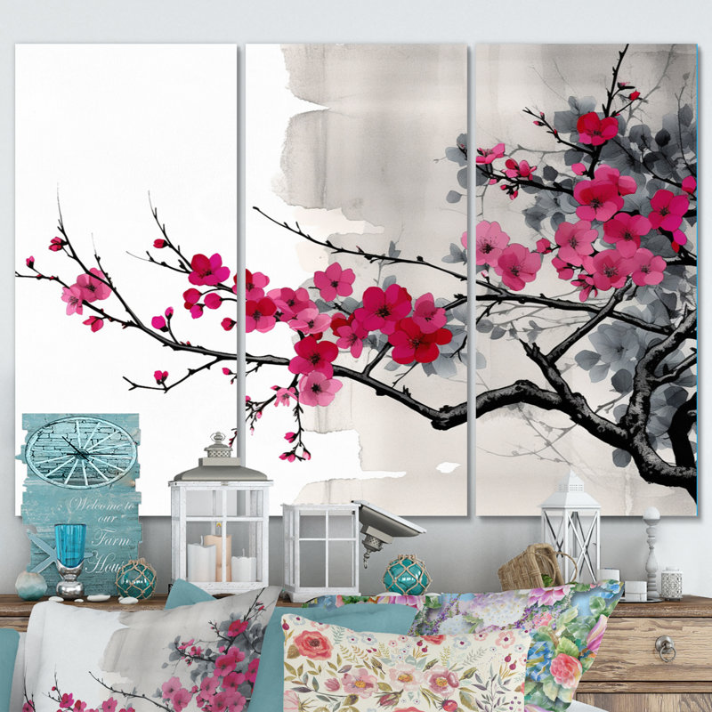 Asian Art Sumi Blossom II - 3 pièces sur toile tendue, H 28 po x l 36 po x P 1 po