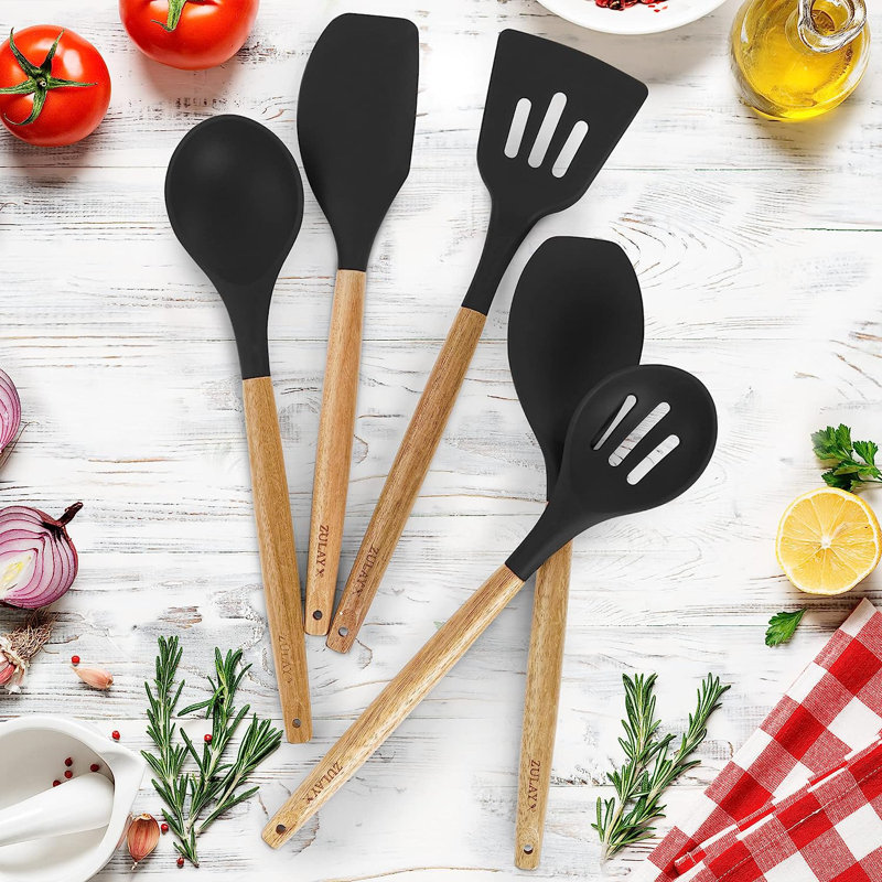 Black Silicone Cooking Utensils Set with Acacia Wood Handles, 5 Piece