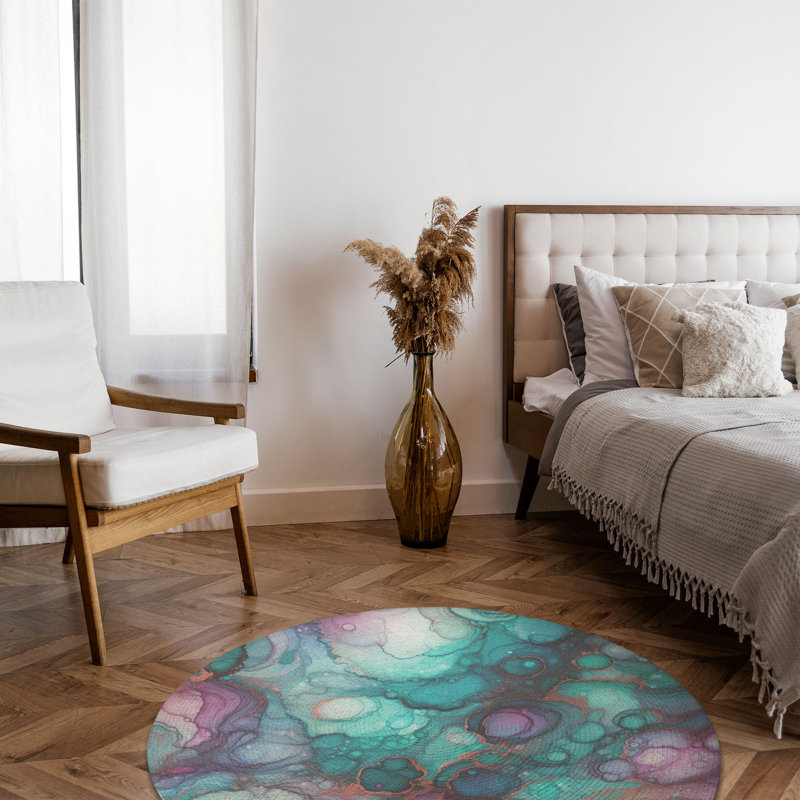 Violet-Teal Ink Flow Braided Rug, Round 5'
