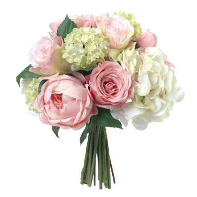 Bouquet de roses, d'hortensias et de boules de neige