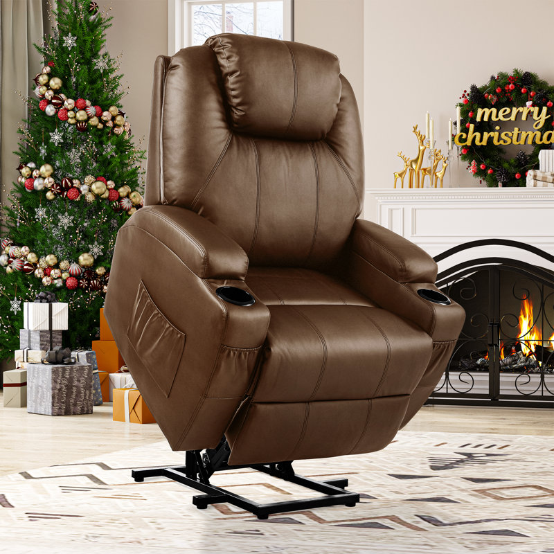 33" Wide Leather Power Recliner with Heated Cushion, Brown Faux Leather