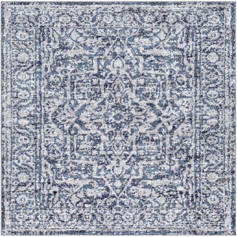 Ingrid Machine Woven Oriental Navy Area Rug, Square 6'7"
