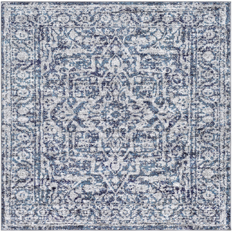 Tapis oriental bleu marine tissé au métier mécanique Ingrid, Carré 6 pi 7 po