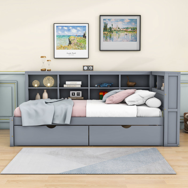 Haileyjo Wood Daybed with 2 Drawers,USB Charging and Shelves, Gray, Twin