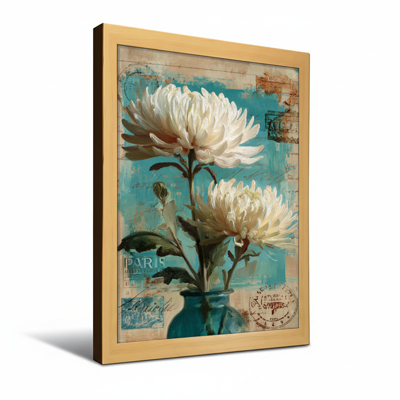 Plantes et fleurs, vase floral, impression de style rétro carte postale de Paris, H 18 po x l 12 po, Toile tendue