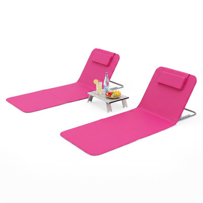 Ensemble de 3 tapis de plage pliables avec 2 chaises longues et une table d'appoint pour relaxer en plein air (rose)