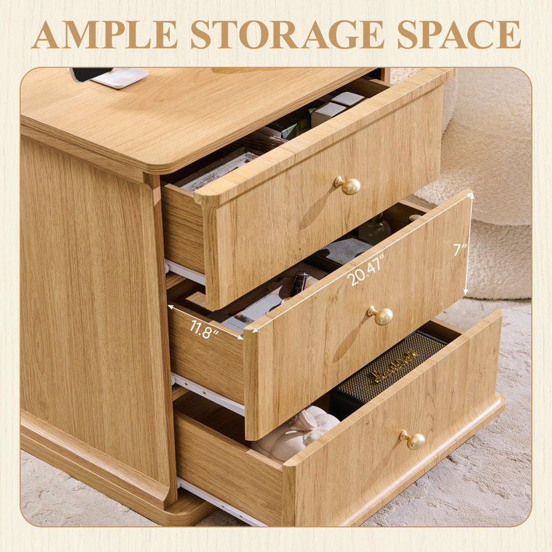Grande table de bout moderne avec station de charge de 23,6 po Abarca, table de chevet en bois de 21,65 po de largeur avec 3 tiroirs de rangement, pour salon, bureau, naturel