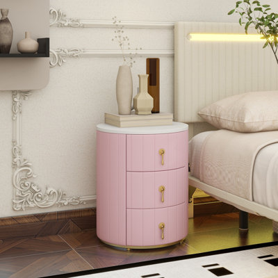 Upholstered Nightstand With 3 Drawers, Round Bedside Table With Metal Handles,Marbling Stickers Top Night Table For Bedroom, Fully Assembled Except Handles