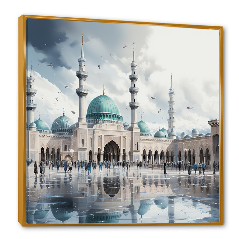 «Mosquée blanche et bleue», art mural, H 16 po x l 16 po x P 1 po, Cadre flottant doré