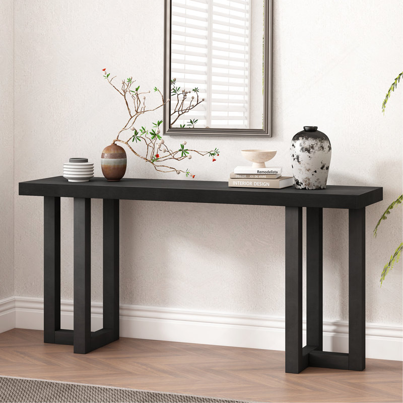 Console à conception géométrique avec pieds en pin massif, parfaite pour les intérieurs modernes et classiques, Noir