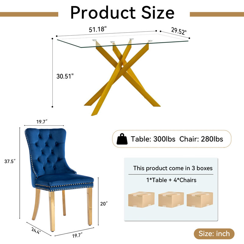 51" Glass Dining Table Set for 4, Modern Dining Room Table Set for 4, X-Shape Pedestal Glass Table with 4pcs Dining Chairs, 5 Piece Dining Set for Dining Living Room