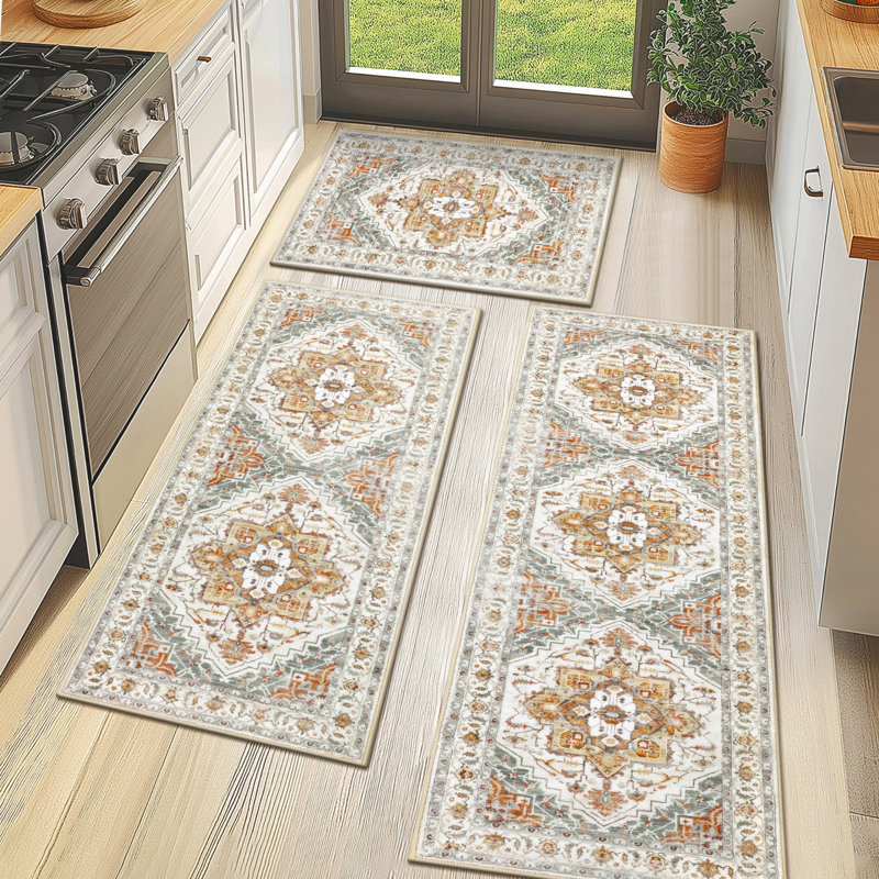 Machine Washable Kitchen Mat with Non-Slip Backing (Set of 3), Orange