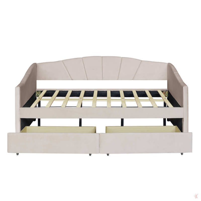 Upholstered Daybed Twin Size With Two Drawers And Wood Slat, Beige