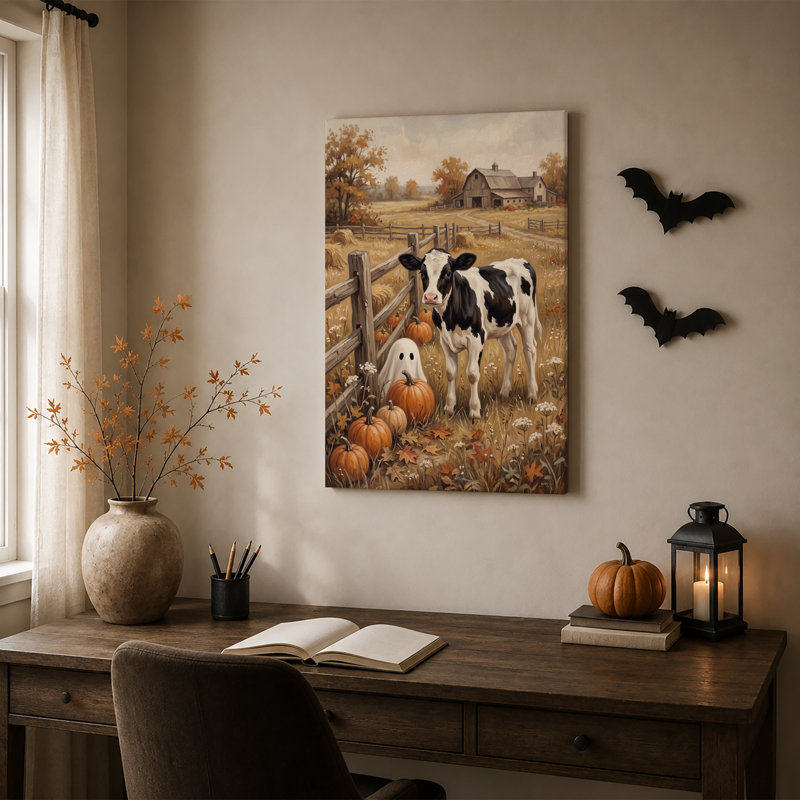 Toile noire et blanche près d'une citrouille et d'un fantôme, Halloween, H 36 po x l 24 po