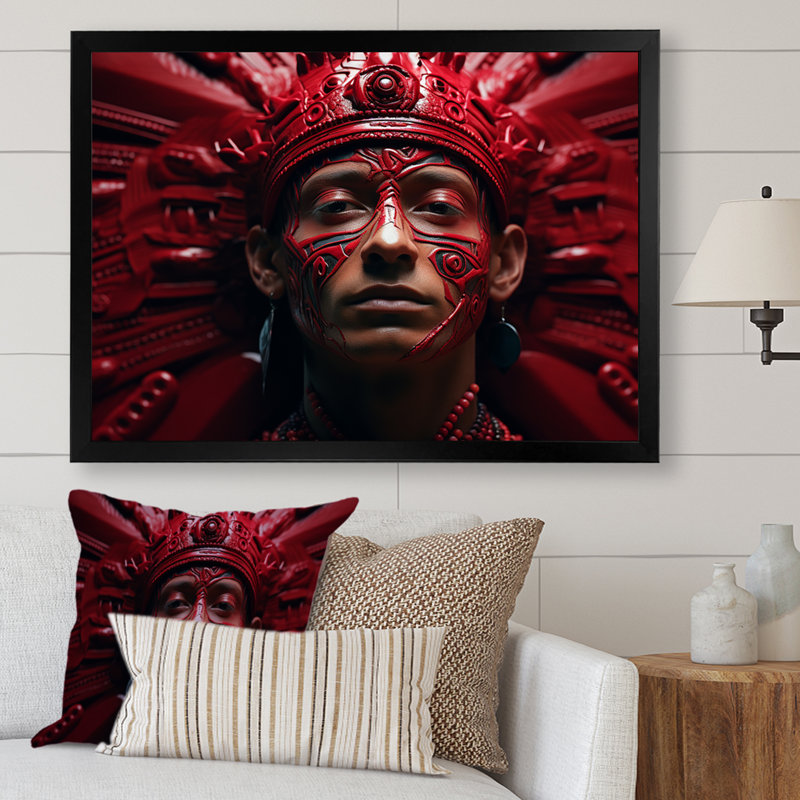 Rouge et noir, portrait de Guerrier aztèque I - impressions sur toile d'Afrique, H 16 po x l 32 po x P 1 po