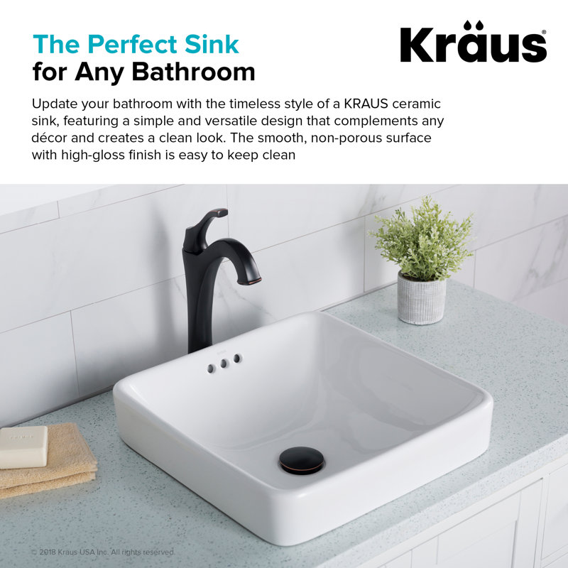 Elavo White Ceramic Square Semi-Recessed Vessel Sink, 16.25 inch