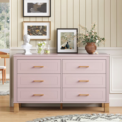 Commode double 6 tiroirs, armoire de rangement moderne avec poignées en métal et pieds en bois massif, organisateur de tiroir pour chambre d'enfant, commode en bois robuste avec préinstallé, rose