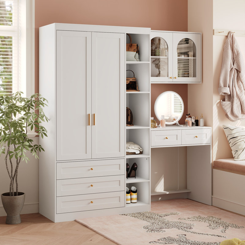 Modern Wardrobe With Dressing Table And Adjustable Light Mirror