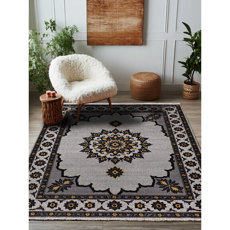 Albasa Collection Digital Print Cotton-Polyester Gray Moroccan Rug, Runner 2'8" x 11'6"