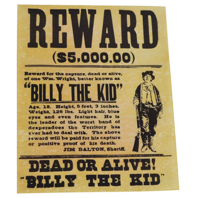 Décoration murale Billy the Kid Wanted Dead or Alive Gun Outlaw