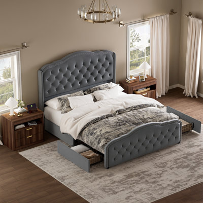 Larimore 3 Piece Bedroom Sets, Upholstered Bed With 4 Drawers& 2 Nightstand