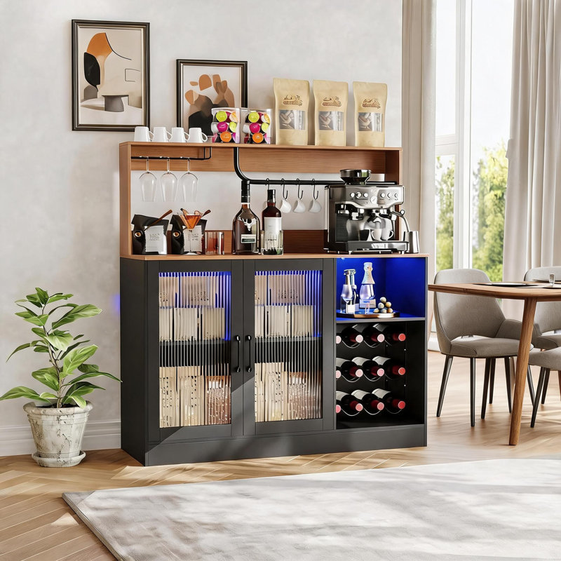 Meuble-bar à café avec casier à vin et porte-verres, Noir / brun