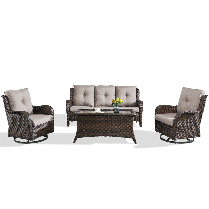 Patio Furniture Set 4 Pieces, Outdoor Wicker Furniture With Coffee Table, Modern Rattan Patio Chairs Conversation Sets With Sofa For Garden, Terrace, Porch, Balconies, Lawns