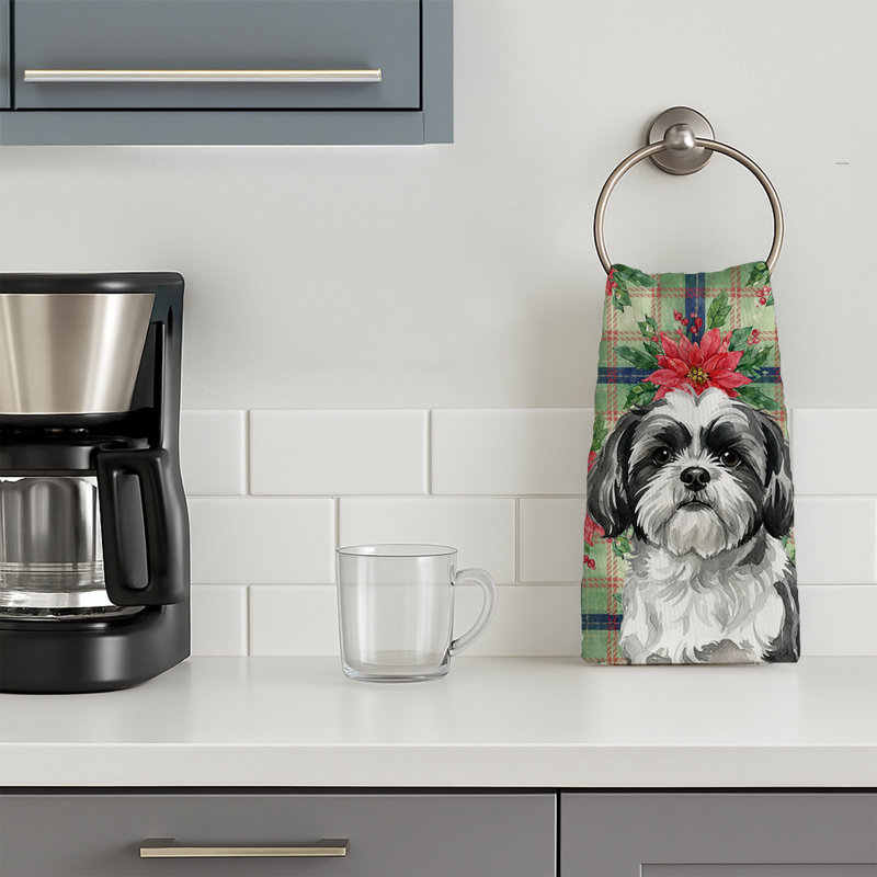 Black and White Shih Tzu Christmas PoinsettIas Kitchen Towel, Black/White Shih Tzu