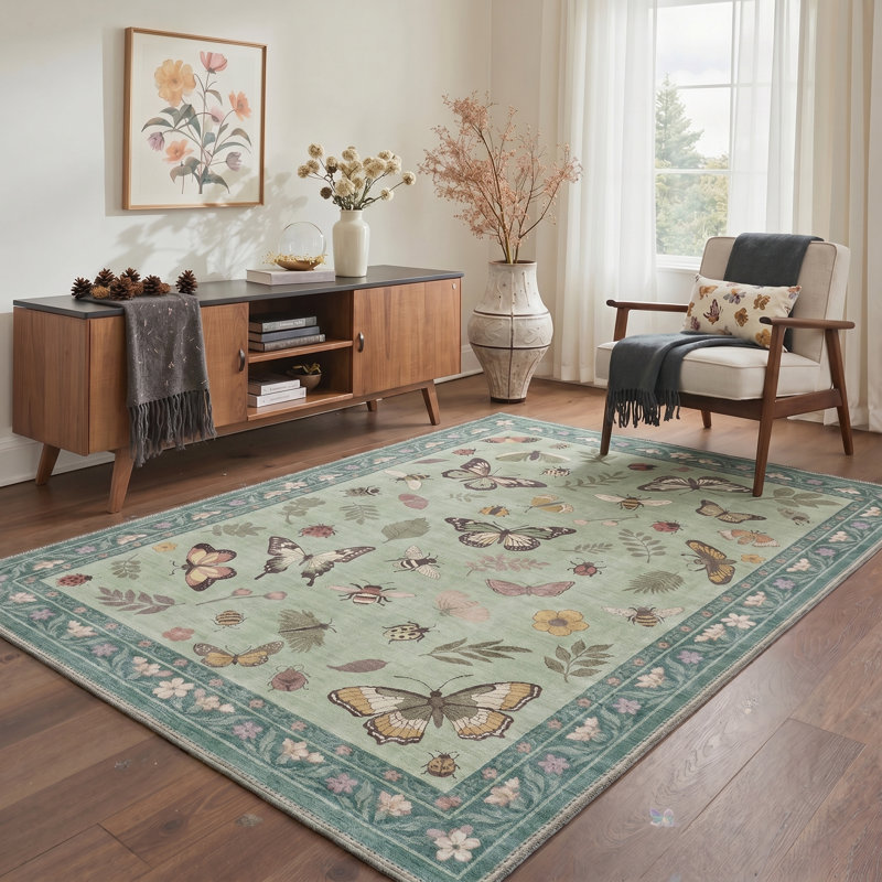Green Butterfly Bee Botanical Machine Washable Non Slip Stain Resistant Area Rug, Rectangle 5' x 7'