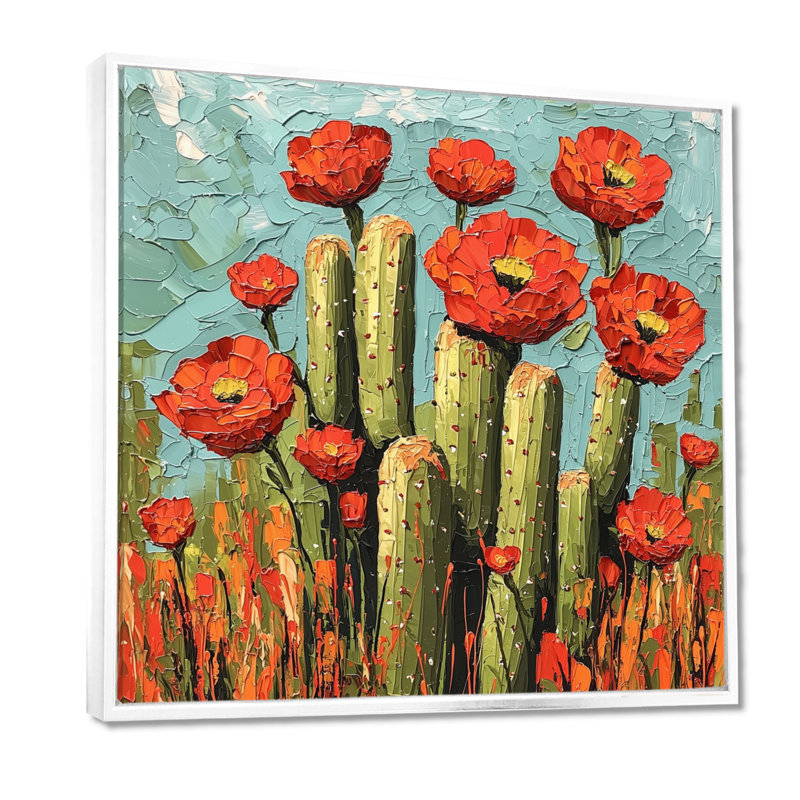 Cactus et les fleurs du désert II - Cactus, impressions sur toile, H 30 po x l 30 po, Impression encadrée flottante, Blanc