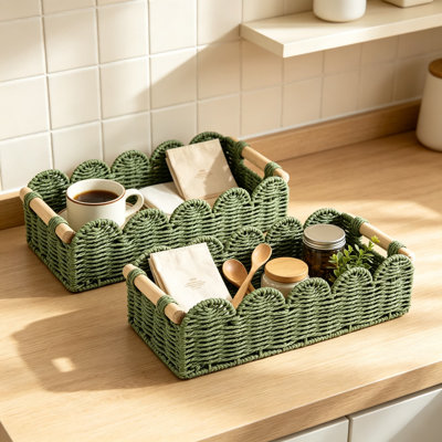 Ensemble de 2 paniers de rangement en corde de papier avec poignées en bois, organisateur de papier hygiénique festonné et bacs décoratifs pour la salle de bain, le salon et l'organisation à la maison