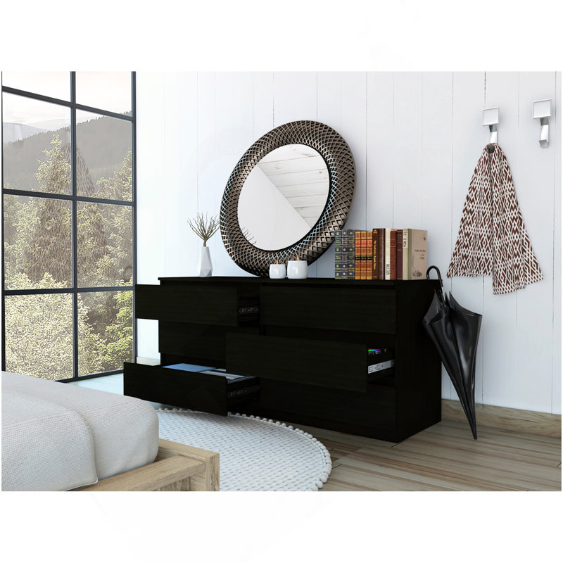 Commode double 6 tiroirs Asteria, poignées en métal - Noir, Noir