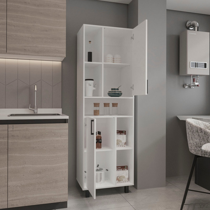 Pantry Cabinet With Two Doors And Multiple Storage Compartments, White